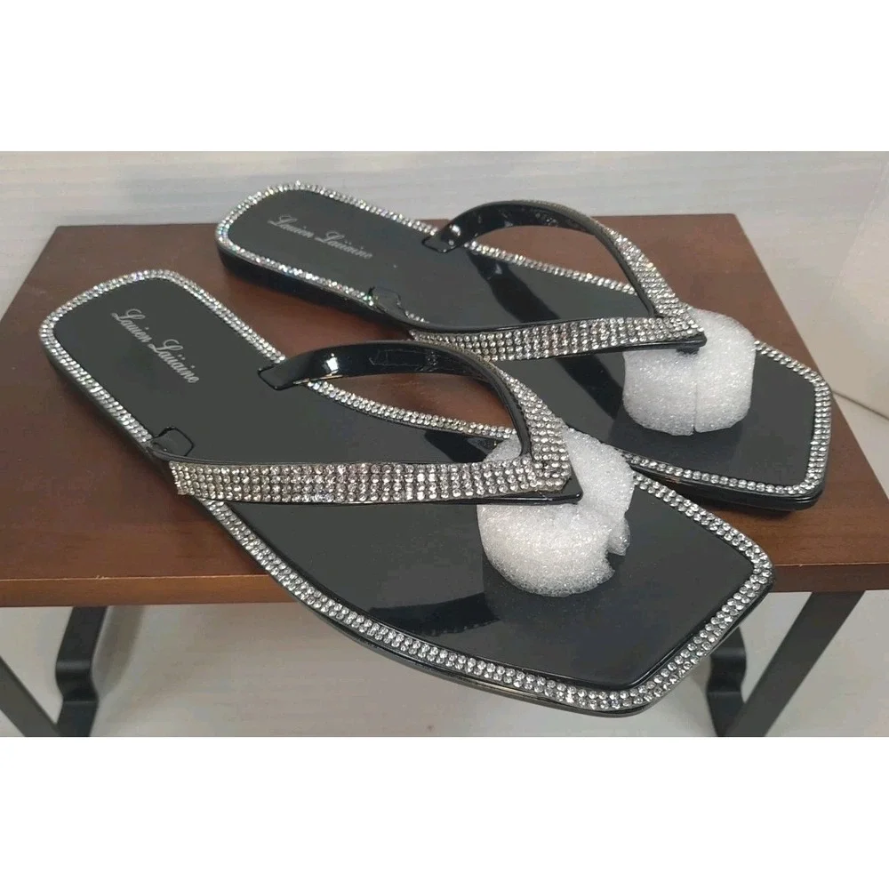 NIB Lauren‎ Lorraine Tampa Flip Flops Black Size 7 Rhinestone Dressy Sandals